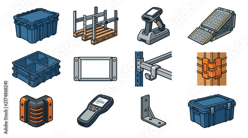 Warehouse equipment icons, logistics storage set, industrial supply vectors