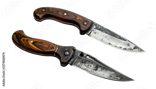 Two folding knives, one open, both with weathered metal blades and wooden handles. Black backdrop accentuates the tools' craftsmanship