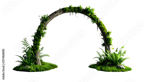 A stone and wood archway overgrown with vibrant greenery and ferns, creating a natural, inviting gateway