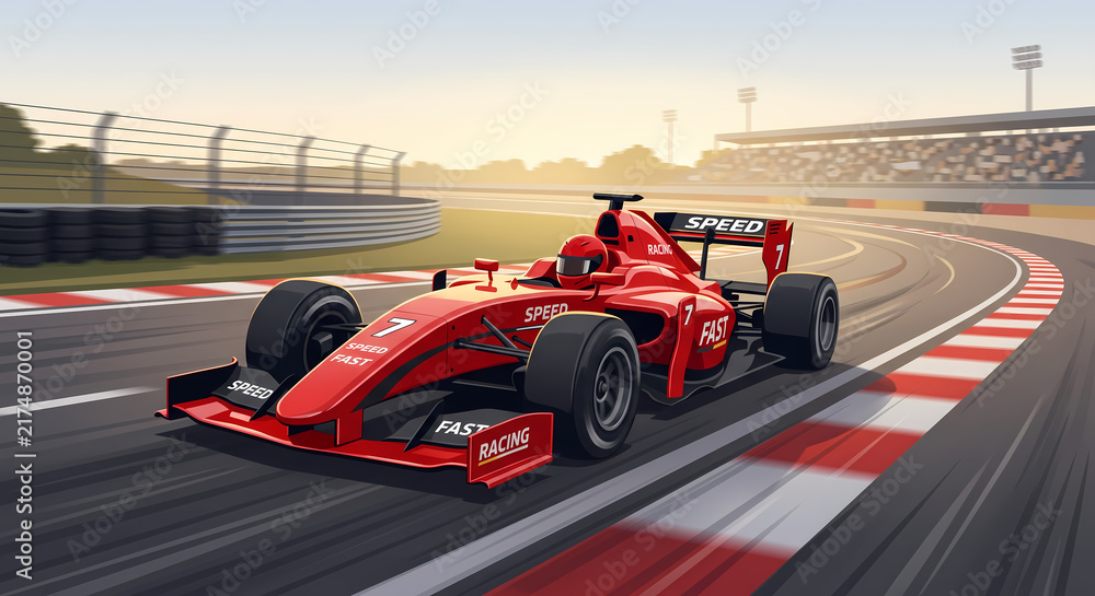 Fototapeta premium A vibrant crimson racing vehicle accelerates through a sharp curve on a grand prix track while the audience cheers from the massive stadium seating under the bright glowing sun during
