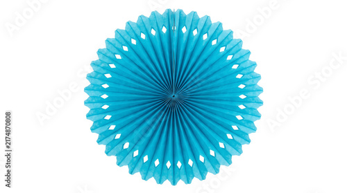 Blue paper fan rosette transparent PNG isolated cutout for party decoration and festive event design