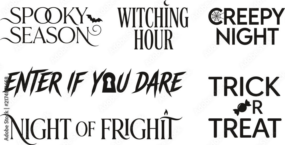 Fototapeta premium Halloween typography collection with spooky phrases and decorative text designs for seasonal holiday projects