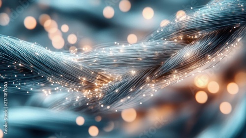 braided metallic strands entwined with glowing particles and warm bokeh lights, cool blue and orange contrast conveying futuristic energy and serene motion