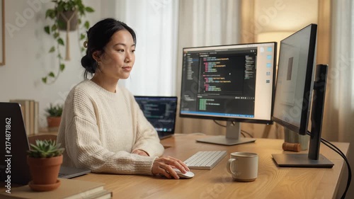 Young Asian Woman Working From Home at Multi Screen Desk Setup in Cozy Interior