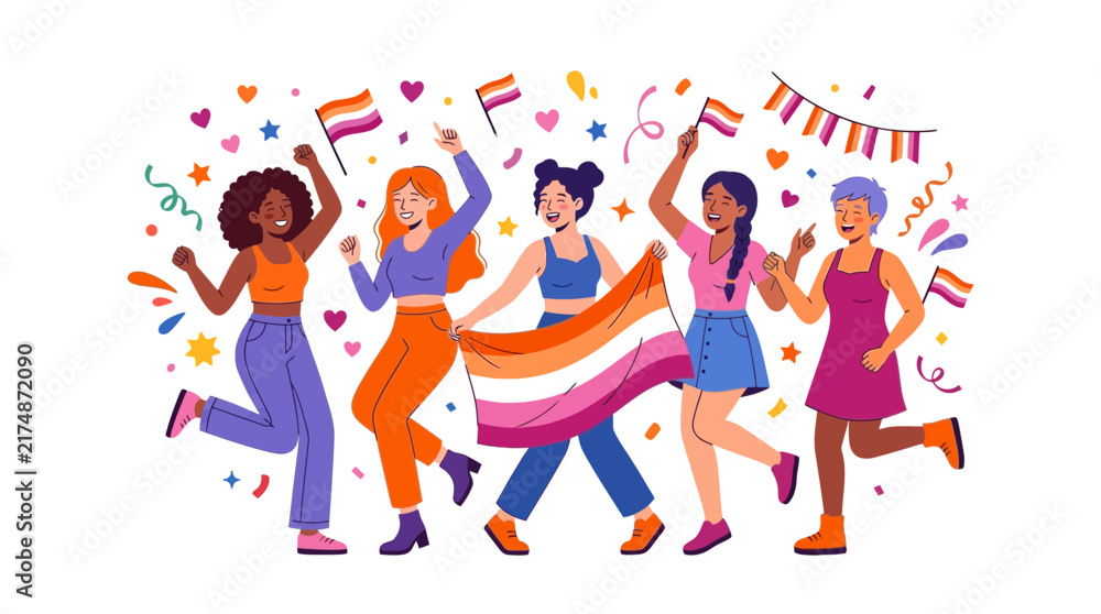 Fototapeta premium Diverse group of happy women celebrating with colorful striped flags