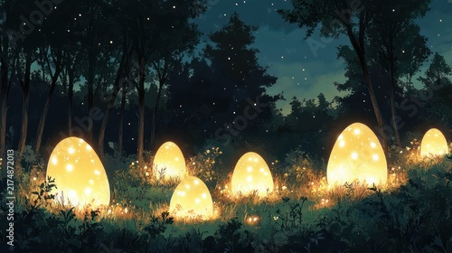 glowing egg-shaped lights scattered across a forest meadow with wildflowers and fireflies under a starry night sky, serene and magical atmosphere