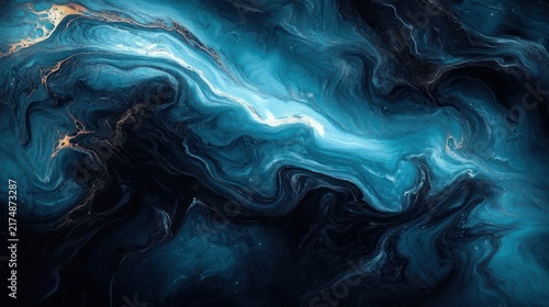 deep blue and teal fluid marble with black swirls, luminous white central streak and gold flecks, flowing abstract texture evoking serene and mysterious motion