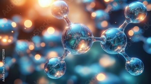glossy blue molecular structure of connected glass spheres with warm bokeh highlights conveying futuristic scientific discovery