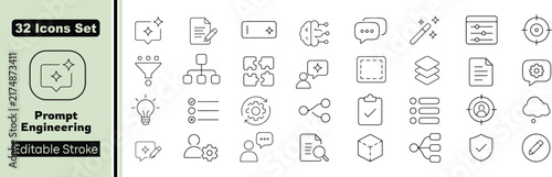 32 Prompt Engineering Vector Outline Icons Set – AI Prompt, Artificial Intelligence, Chatbot, Automation, Machine Learning and Generative AI Line Symbols Collection