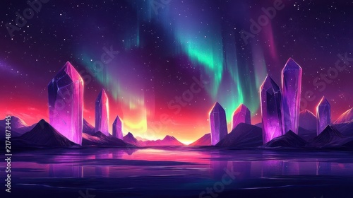 Neon crystal monoliths rising from a reflective lake with distant mountains under a starry sky and vibrant aurora, sunset glow evoking wonder and serene awe
