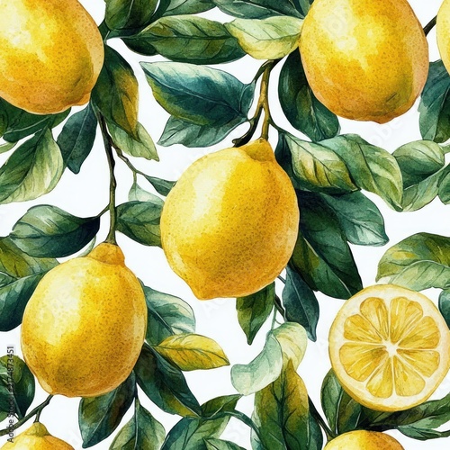 Bright watercolor illustration of ripe yellow lemons hanging on leafy branches with a sliced lemon, fresh cheerful summery botanical pattern