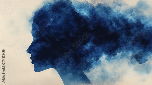 blue watercolor silhouette of a woman's profile with cloudlike smoky hair, dreamy contemplative mood