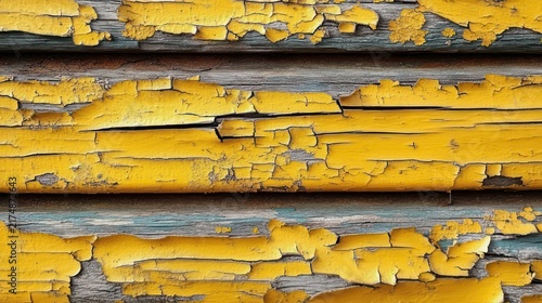 Close-up of weathered horizontal wooden boards with cracked yellow paint peeling to reveal blue undercoat and raw wood, evoking rustic decay and nostalgic wear