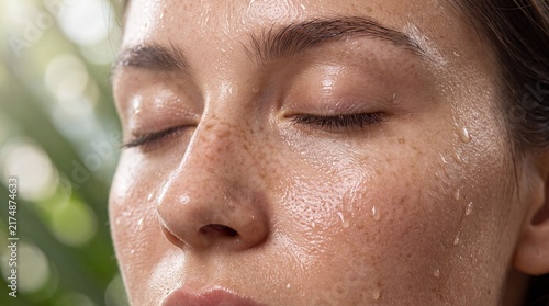Close up of a woman with closed eyes and sweat drops on her face with freckles her skin visible sweat relaxation with exhausted