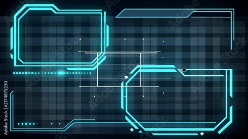 Futuristic HUD elements with glowing blue lines and grid patterns in a dark digital space
