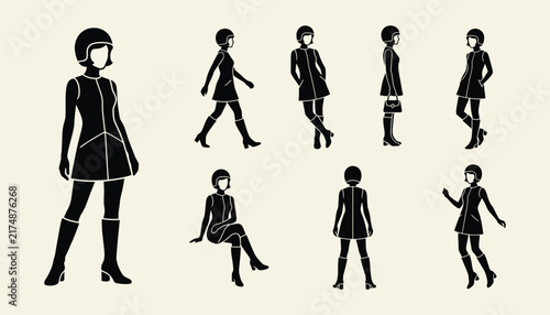 Retro mod fashion silhouettes of a woman in sixties style clothing and poses