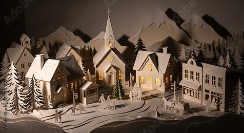 Paper art winter village with glowing church and houses. Miniature Christmas town made of paper with trees, mountains and people. Holiday greeting card and celebration concept.