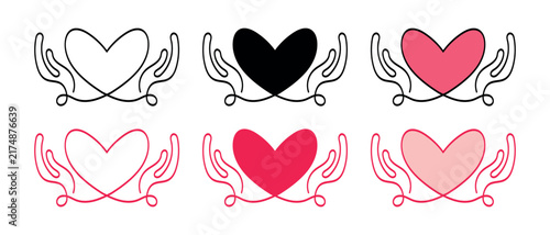 Set Of Six Vector Icons Featuring Hearts Cupped In Hands With Black And Pink Outline And Filled Color Variations