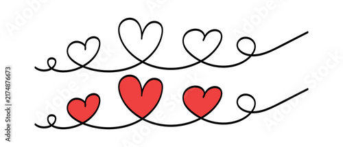 Two Horizontal Continuous Line Heart Borders With Outline And Red Filled Variations Vector Illustration