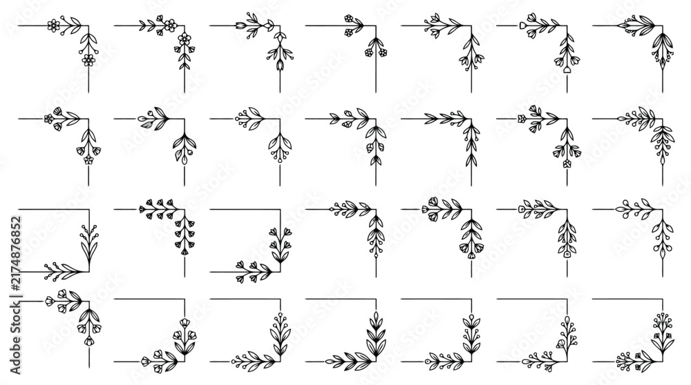 Fototapeta premium Minimalist geometric corner borders, set of 28 black line art frame elements, decorative floral corner ornaments for wedding invitations