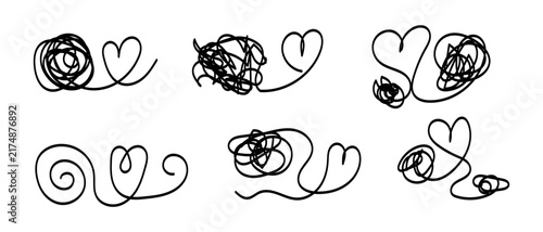 Set Of Abstract Scribble Tangles And Heart Shapes Vector Illustration Collection