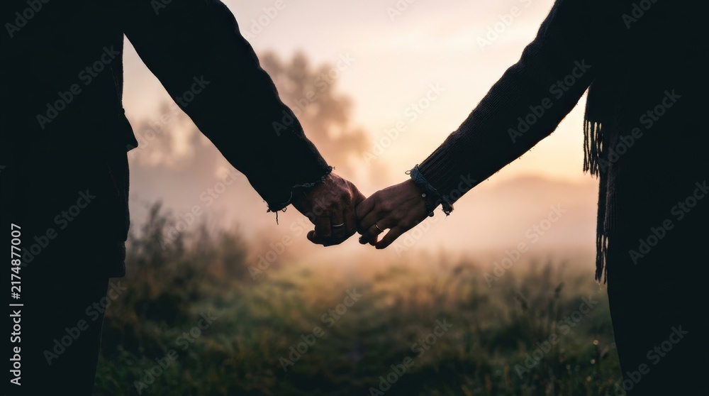 Obraz premium A close up view of a couple holding hands gently while walking through a misty field at sunrise, symbolizing the emotional transition of divorce and new beginnings