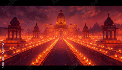 Traditional Maha Navami banner, image of Sandhi Puja rituals with 108 lamps