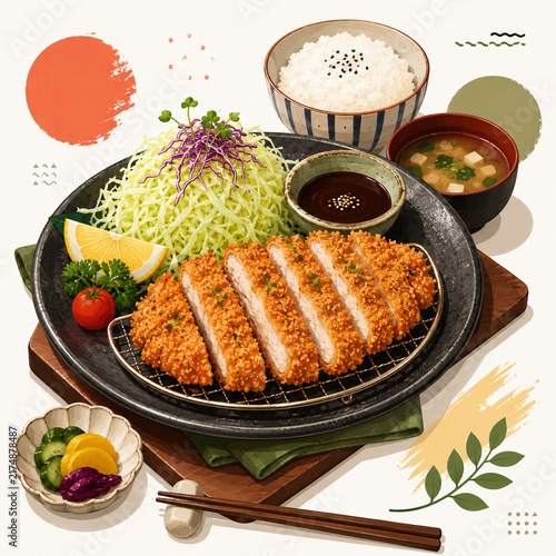Japanese Chicken Katsu Set with Rice, Cabbage and Miso Soup