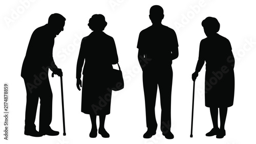 A set of four silhouettes of elderly people, including men and women standing with walking sticks and bags, isolated on a white background, senior life concept