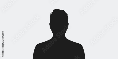 A simple black silhouette of a man head and shoulders portrait, isolated on a light gray background, representing an anonymous person or user profile avatar