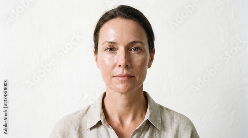 A mature woman with natural skin looks directly into the camera against a white wall with neutral expression natural