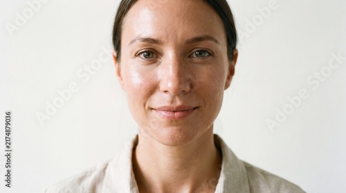 Calm woman with natural skin texture looking directly at camera against a white background with gentle expression visible