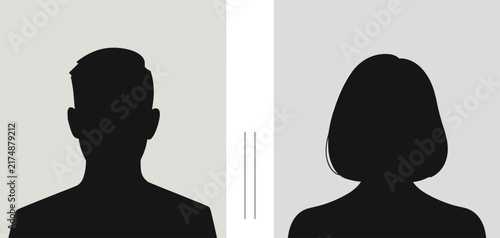 Solid black silhouettes of a man and a woman, representing generic avatars or user profile placeholders, set against a light gray background, with vertical lines