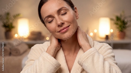 Relaxed woman in bathrobe massaging her neck with eyes closed in a spa with woman robe touching closed dimly lit calm woman