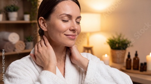 Relaxed woman in white bathrobe massaging her neck and shoulders in a warm spa environment with shoulders while wearing