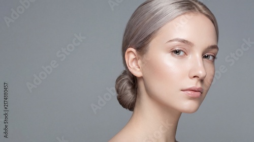 Close up portrait of young woman with grey hair bun looking at camera with directly viewer against woman smooth skin