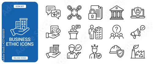 Business ethics line icons set, corporate responsibility and professional conduct symbols, vector illustration of ethical business practices and compliance concepts