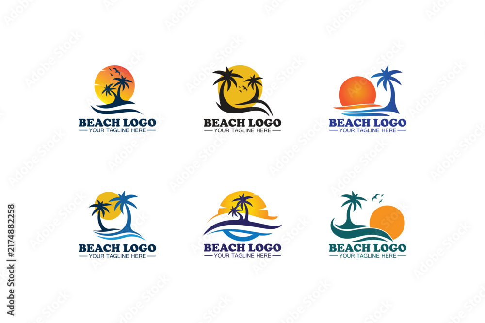 Fototapeta premium A set of six beach-themed templates featuring palm trees, sun, and ocean waves in vibrant colors, isolated on a white background