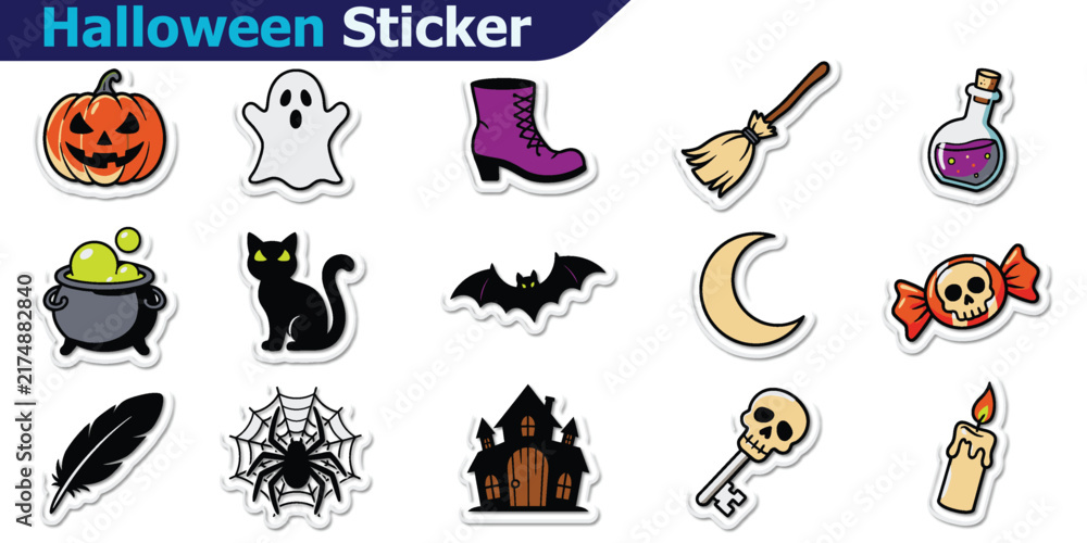 Obraz premium Set of halloween stickers featuring a jack-o'-lantern, ghost, witch boot, broom, potion, cauldron, black cat, bat, moon, candy, spider, and house
