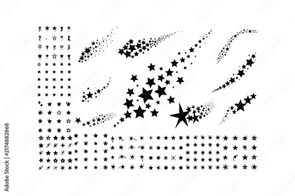 Fototapeta premium Collection of black star shapes, celestial bodies, and shooting star trails isolated on a white background, for projects