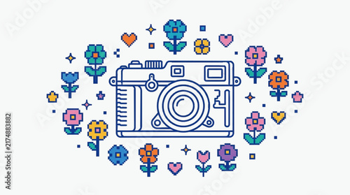 Bild auf Leinwand Pixel art vector illustration of a retro rangefinder film camera centered and surrounded by colorful 8-bit style flowers, hearts, and stars on a clean white background