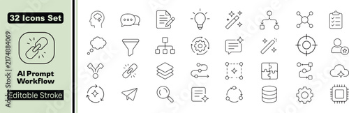 32 AI Prompt Workflow Vector Outline Icons Set – Artificial Intelligence, Prompt Engineering, Automation, Chatbot and Generative AI Line Symbols Collection