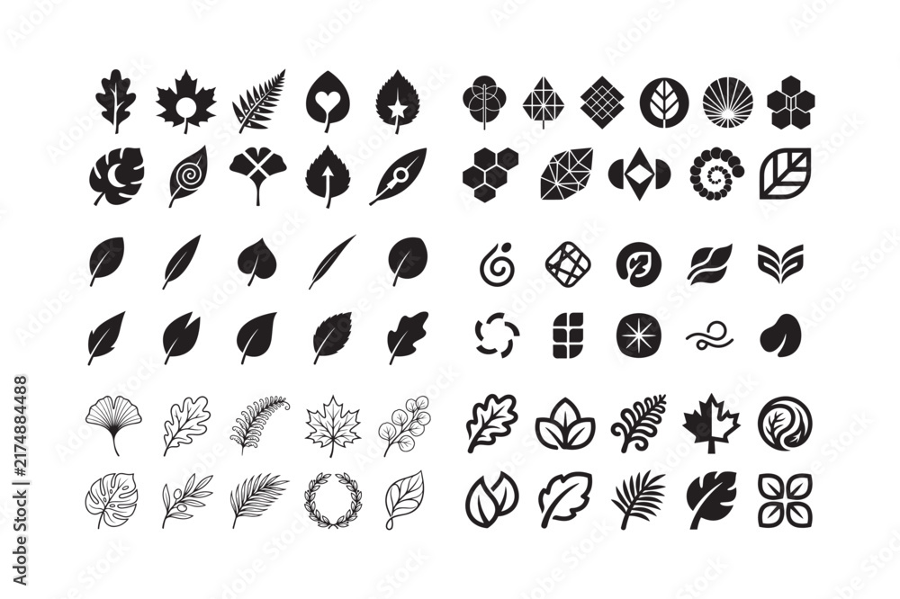 Obraz premium Collection of various leaf and nature symbols in black and white styles for botanical and environmental projects