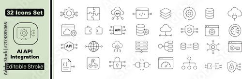 32 AI API Integration Vector Outline Icons Set – Artificial Intelligence, API, Software Integration, Automation and Cloud Technology Line Symbols Collection