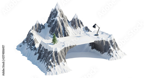 Snowy Mountain Landscape with Peak and Sparse Tree in Bright White Setting