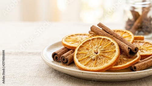 Dried orange slices and cinnamon sticks on a plate