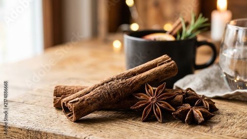Cinnamon sticks and star anise on rustic wooden table with mulled wine