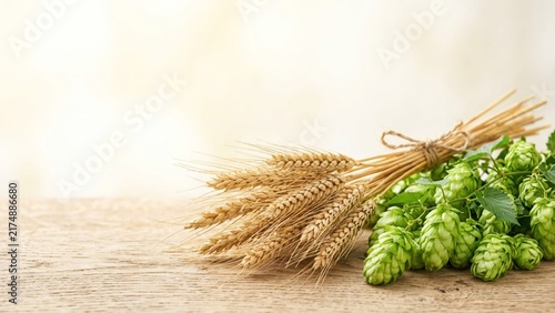 Fresh Beer Hops and Golden Wheat Ears on Rustic Wooden Table