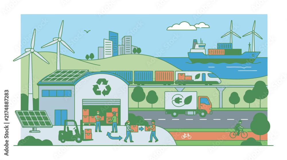 Naklejka premium Sustainable Logistics and Green Supply Chain Illustration Featuring Renewable Energy and Eco Friendly Transportation. EPS Editable. Vector Illustrations.