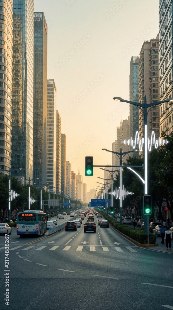 Naklejka premium Smart city street with modern lamp posts monitoring noise levels. Digital sound wave graphics display on illuminated poles along busy urban road. Cars drive through downtown traffic during sunset